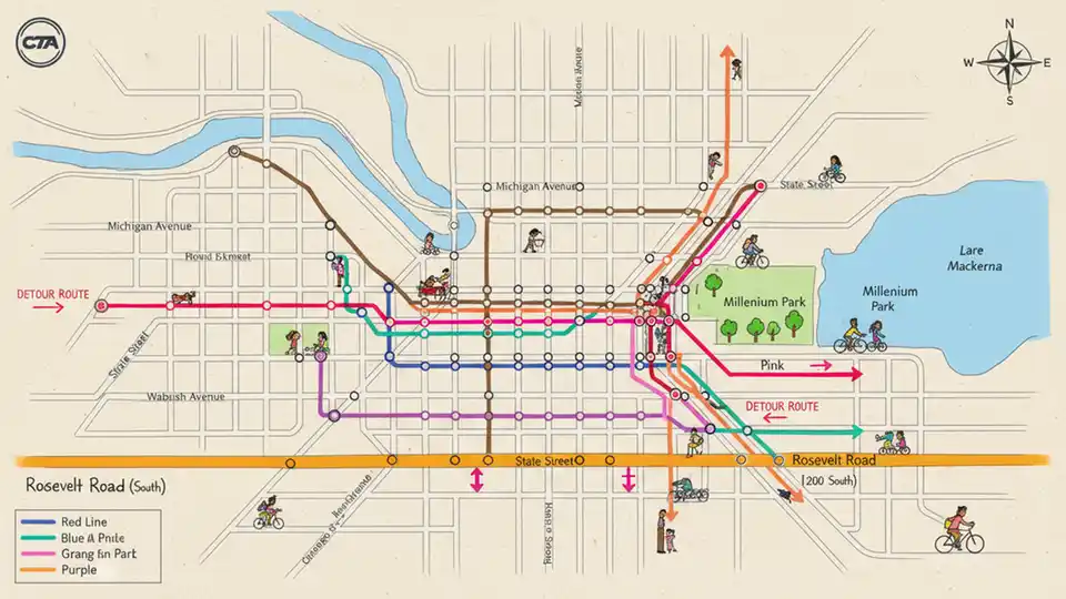 CTA route map showing downtown Chicago street grid with Roosevelt Road and detour streets highlighted