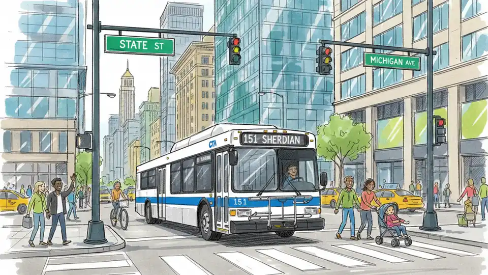 Chicago Transit Authority bus at downtown intersection with street signs visible showing State Street and Michigan Avenue