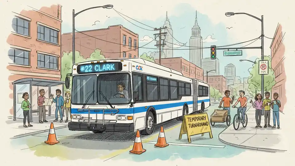 CTA bus at temporary turnaround point with route signage visible