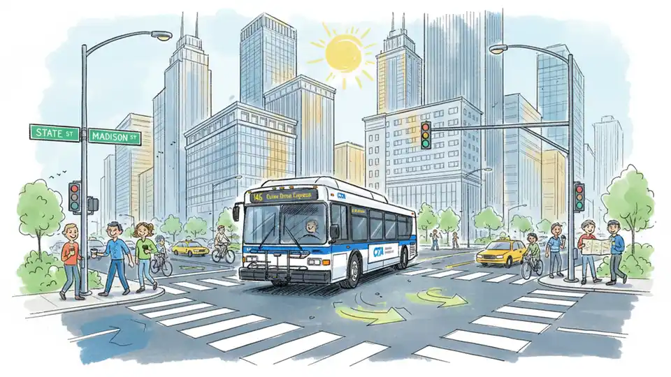 Chicago Transit Authority bus turning at downtown intersection with street signs visible