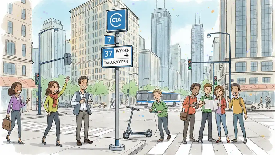 CTA bus stop sign showing route numbers 7 and 37 at downtown Chicago intersection
