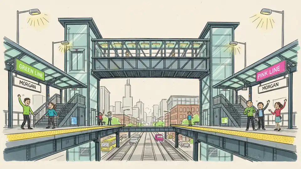 CTA elevated train platform at Morgan Station showing overhead transfer bridge with stairs and elevator access between Green Line and Pink Line platforms