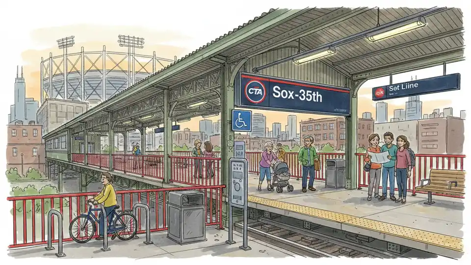 CTA Red Line Sox-35th station entrance with elevator access sign visible, showing station platform and accessibility features