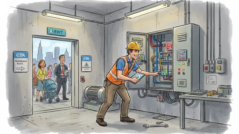 CTA elevator maintenance with technician inspecting elevator equipment and control panel at Chicago transit station