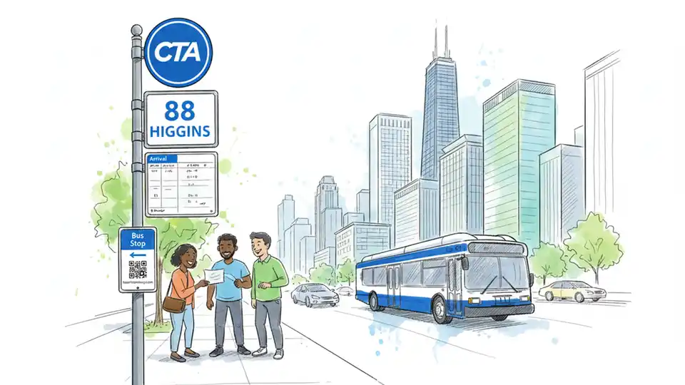 CTA bus stop sign showing route 88 Higgins with schedule information
