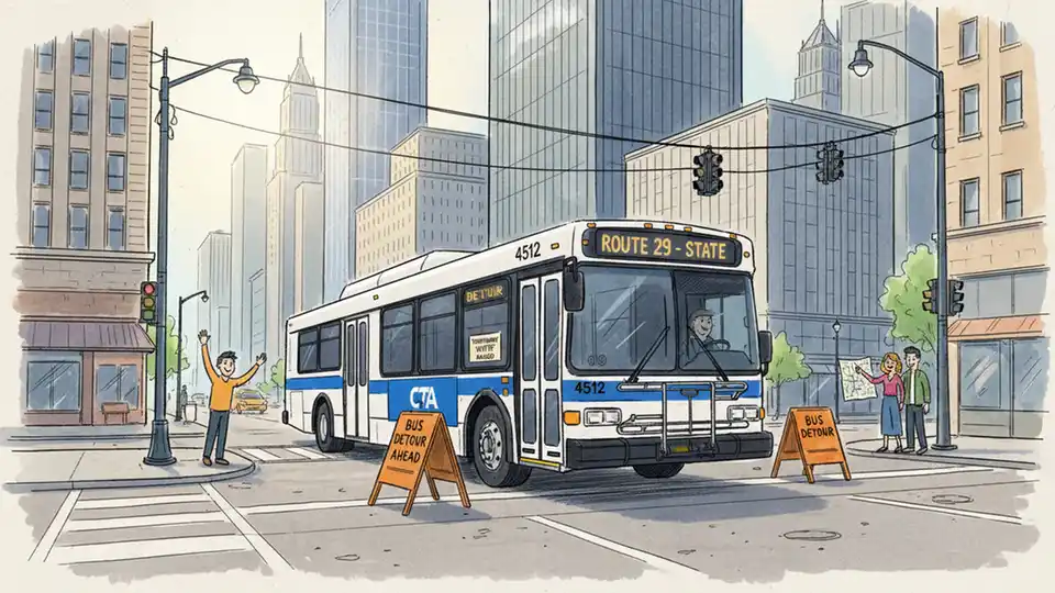CTA bus at downtown Chicago intersection showing detour route signage
