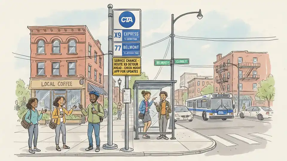 Chicago street intersection with CTA bus stop sign showing route information and detour notice