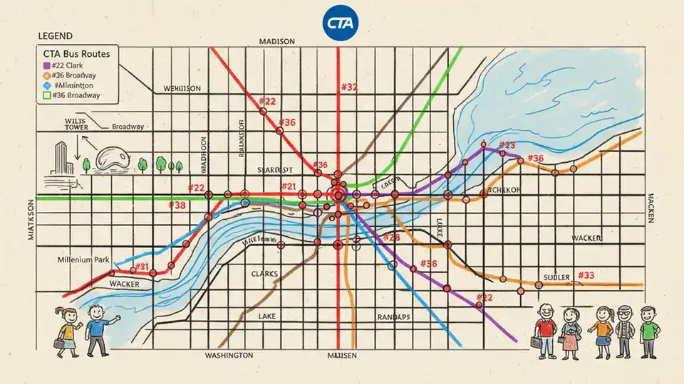 CTA route map showing downtown Chicago bus routes with stop locations marked, focus on Clark Street corridor with clear street grid visible