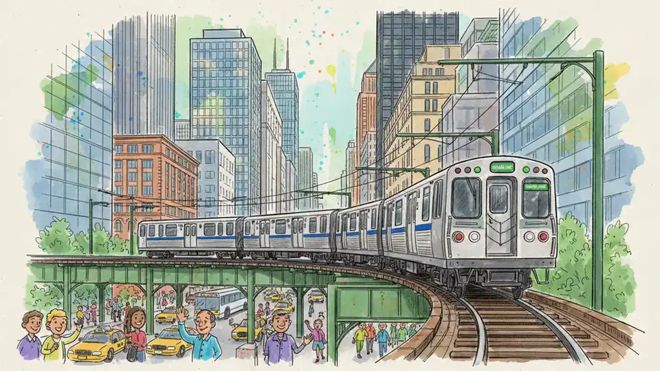 CTA Green Line Orange Line Pink Line train on elevated tracks in Chicago Loop