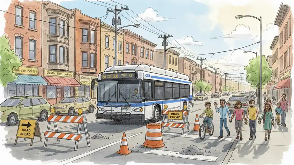Chicago Transit Authority bus navigating detour route on South Side street with construction barriers visible