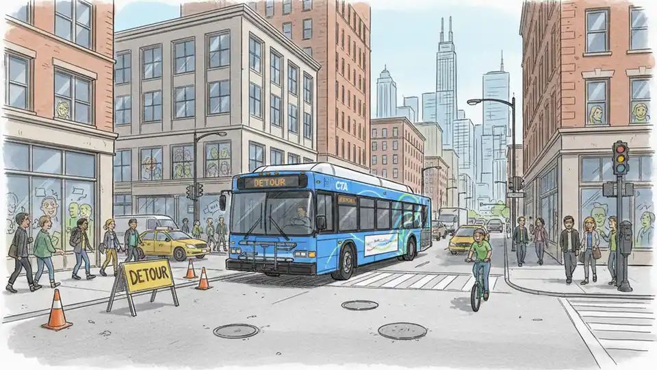 CTA bus navigating detour route on Chicago street with traffic and urban buildings in background