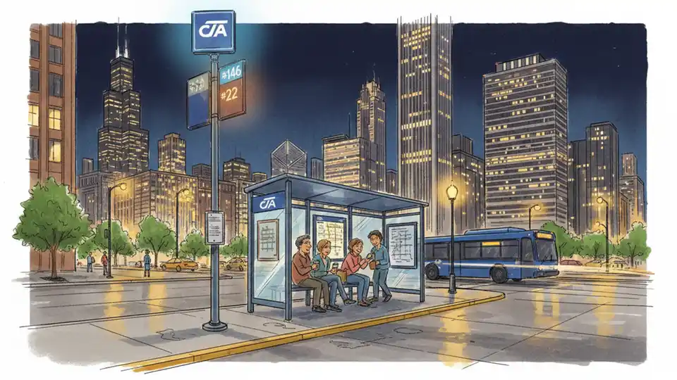 Downtown Chicago CTA bus stop at night with illuminated route sign and city skyline