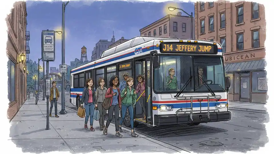 CTA J14 Jeffery Jump bus at evening stop on Chicago's South Side with passengers boarding