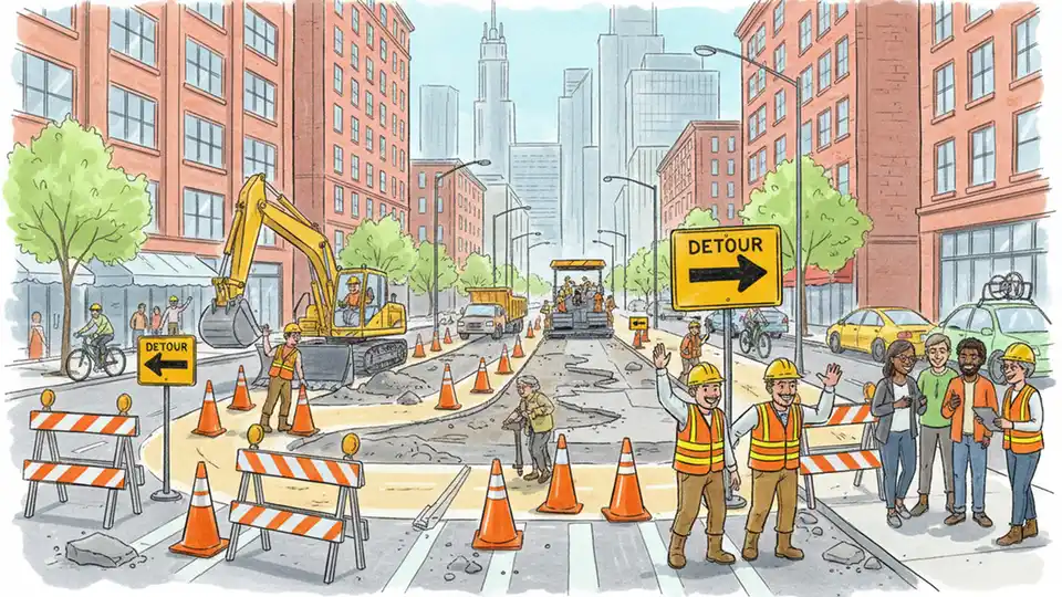 Street construction work on Chicago city street with orange traffic cones and detour signs