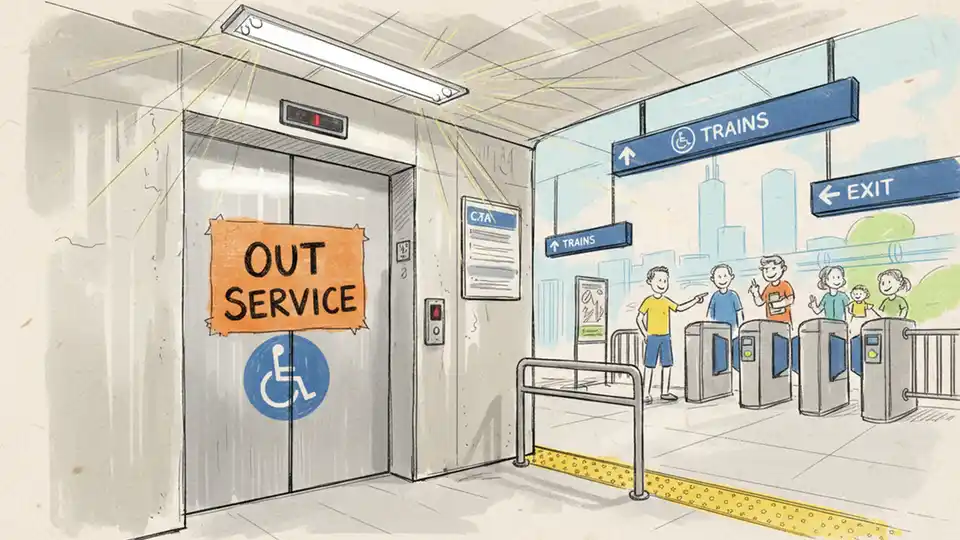 CTA rail station elevator with out-of-service notice posted, showing accessibility equipment and station infrastructure