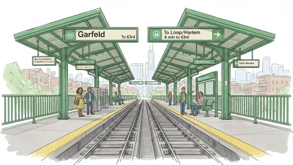 CTA Garfield station platform showing transfer point with directional signage