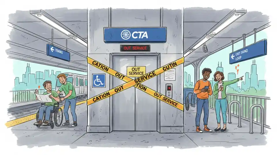 CTA rail station elevator with out-of-service signage and accessibility symbols