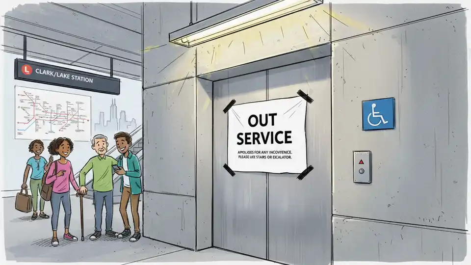 Out of service sign on elevator doors at Chicago CTA rail station with accessibility symbol visible
