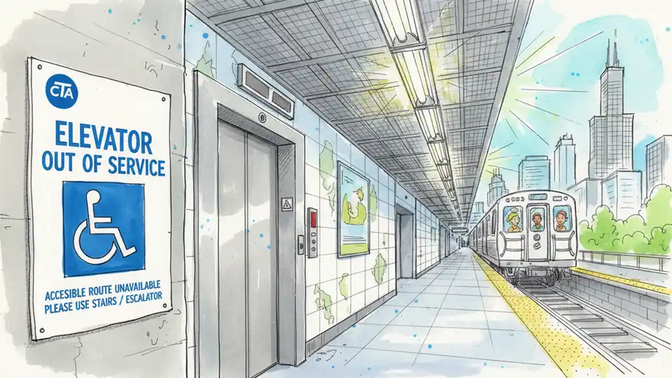 CTA elevator out of service sign with accessibility symbol at rail station
