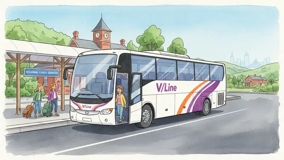 V/Line coach at regional station stop with passengers boarding