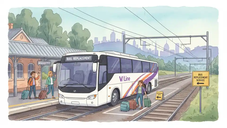 V/Line coach bus providing replacement service at regional train station, substitute transit service in Victoria