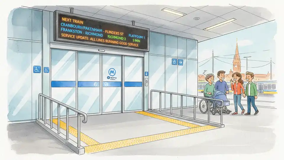Close-up of accessible station entrance with wheelchair ramp, automatic doors, and digital information display showing train schedules and platform details