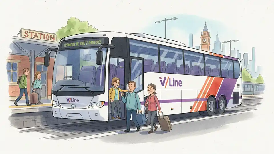 V/Line coach bus providing replacement service on regional route with passengers boarding