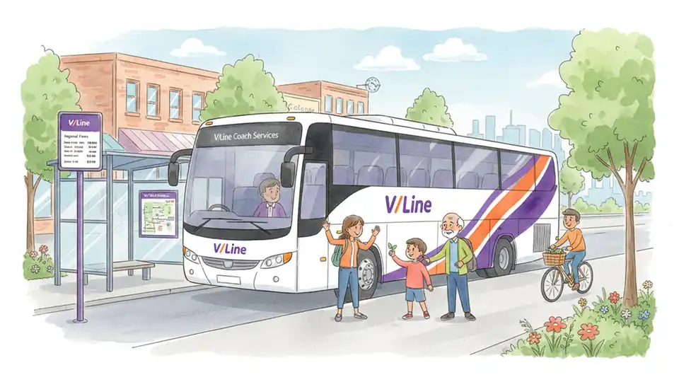 V/Line coach service at regional Victoria stop with fare information signage visible
