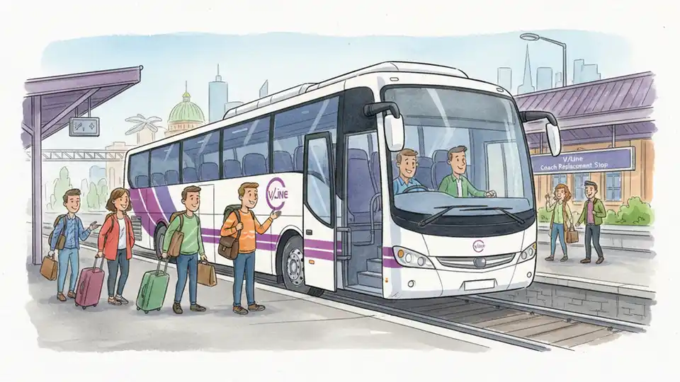 V/Line replacement coach bus at station stop with passengers waiting to board