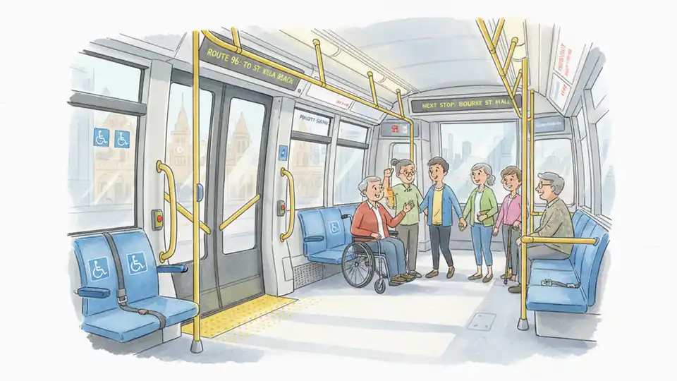 Interior of modern accessible tram showing priority seating area, handrails, and clear signage for passengers with disabilities