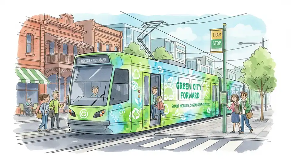 Wrapped Melbourne tram displaying sustainability campaign message at tram stop with passengers