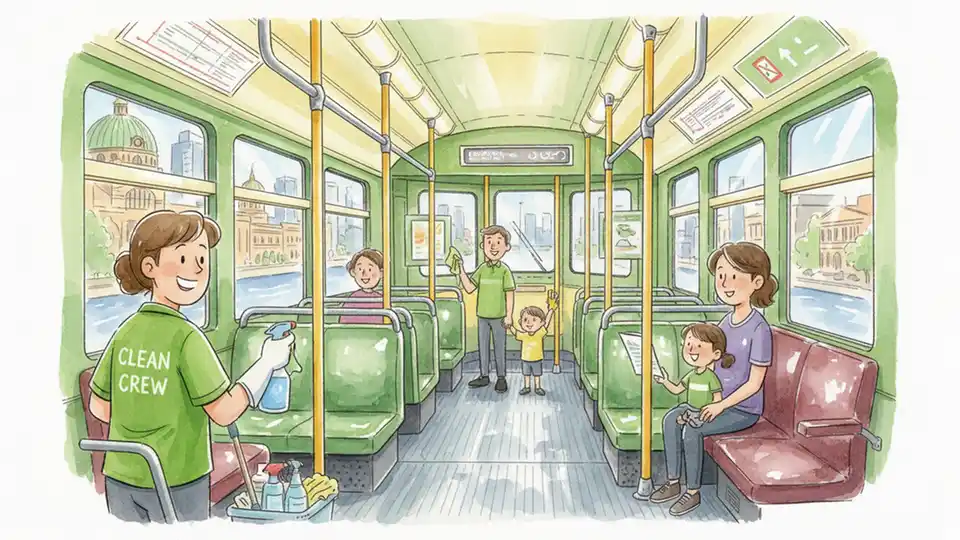 Interior of Melbourne tram showing cleaned seats, handrails, and passenger areas with hospital-grade cleaning supplies