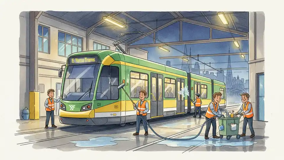 Yarra Trams vehicle at Melbourne depot during evening cleaning operations with cleaning crew visible