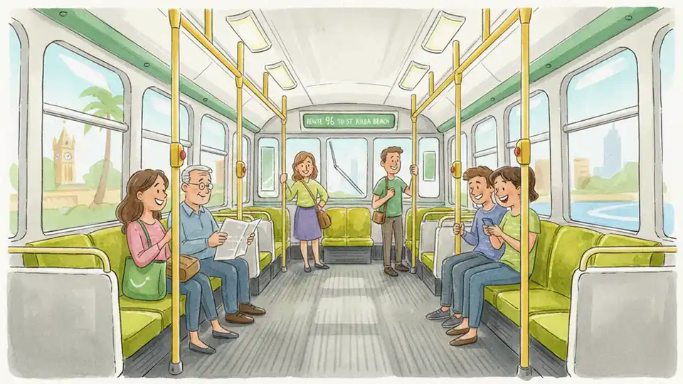 Interior of Melbourne tram showing passenger seating area and amenities during daytime service