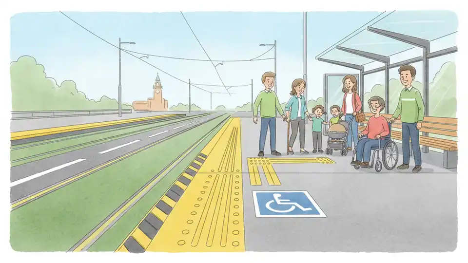 Close-up view of accessible tram stop features including raised platform edge, tactile ground surface indicators, and wheelchair-accessible boarding area at Melbourne tram station