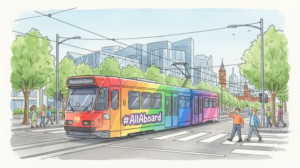 Colorful #AllAboard Pride Tram with rainbow design on Melbourne street with Victorian Pride Centre visible in background