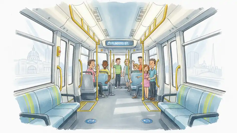 Interior of refurbished B-class tram showing new seating, lighting, and passenger amenities