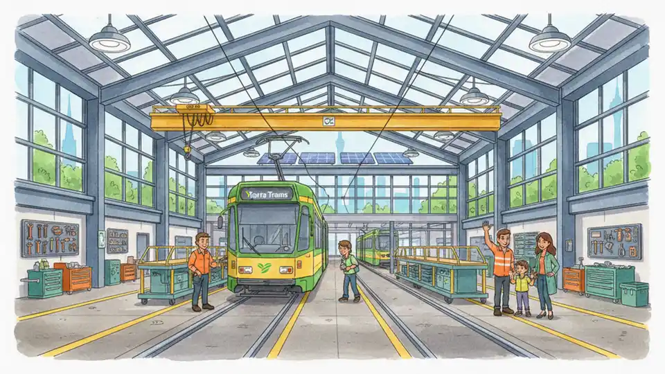 Melbourne tram at depot facility with modern infrastructure and maintenance equipment. Alt text: Yarra Trams depot Melbourne tram maintenance facility renewable energy. Composition: Ground-level view of tram at depot showing operational infrastructure, emphasizing scale of facility benefiting from solar power installation.