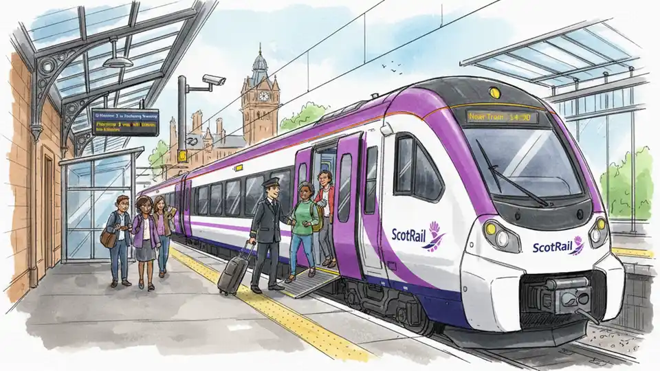 Scottish train at platform with passengers boarding, showing modern transit infrastructure