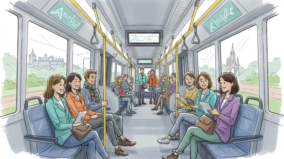 Transit passengers inside modern bus or train during commute. Alt text: Public transit riders using fare-free service during temporary program. Composition: Interior view showing diverse passengers seated and standing, natural lighting, emphasizing everyday transit use.