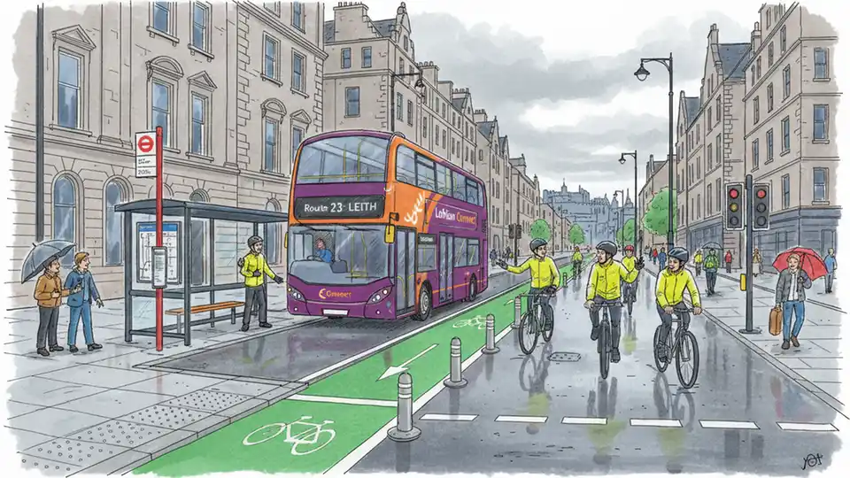 Scottish city bus at urban stop with cyclists in dedicated bike lane