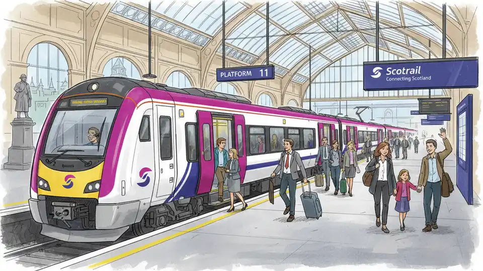 ScotRail train at Glasgow Central Station platform with passengers waiting. Alt text: ScotRail train at Glasgow Central Station after flooding disruption resolved. Composition: Platform-level view showing train at station with normal operations resumed, passengers visible to show service restoration.