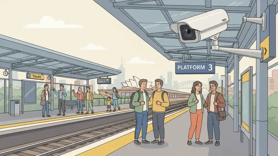 CCTV security camera mounted at Sydney railway station platform monitoring passenger areas