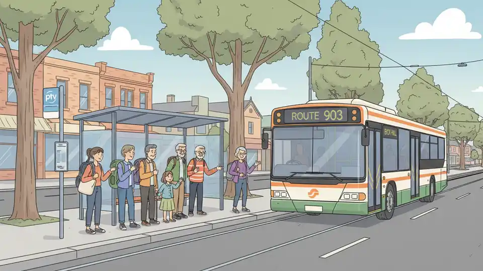 Melbourne bus at suburban transit stop with passengers waiting