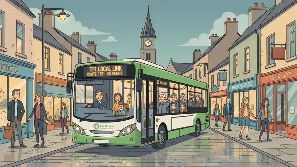 TFI Local Link bus displaying route information at night in rural Irish town center