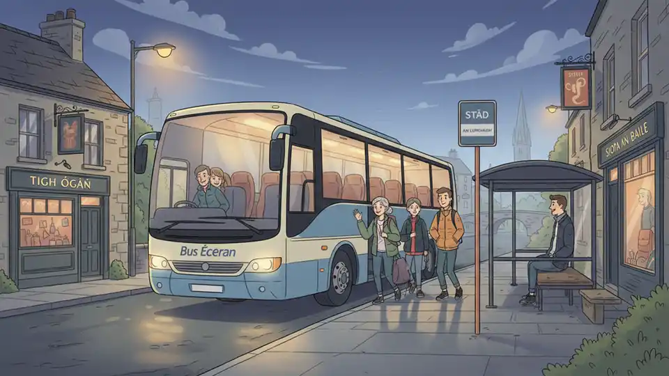 Late-night bus at rural Irish town stop with passengers boarding after 1am service