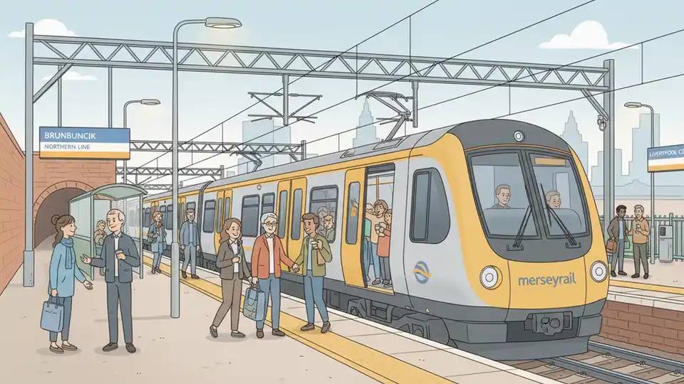 Liverpool Northern Line train at platform between Brunswick and Liverpool Central stations, showing existing rail infrastructure
