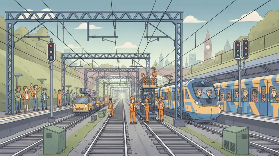 Railway overhead line equipment and signalling infrastructure along electrified rail tracks, engineering work visible, West Coast Main Line