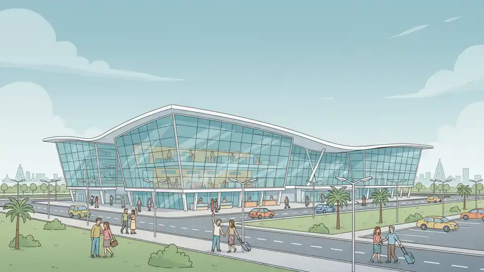 Modern greenfield airport terminal building with glass facade and departure area, representing Bhogapuram Airport infrastructure