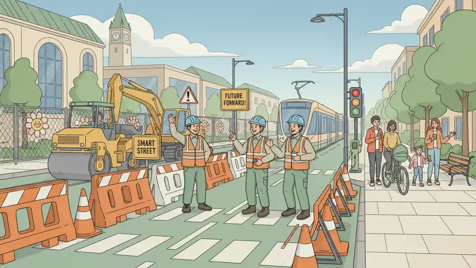 Road construction barriers and highway maintenance equipment on urban street